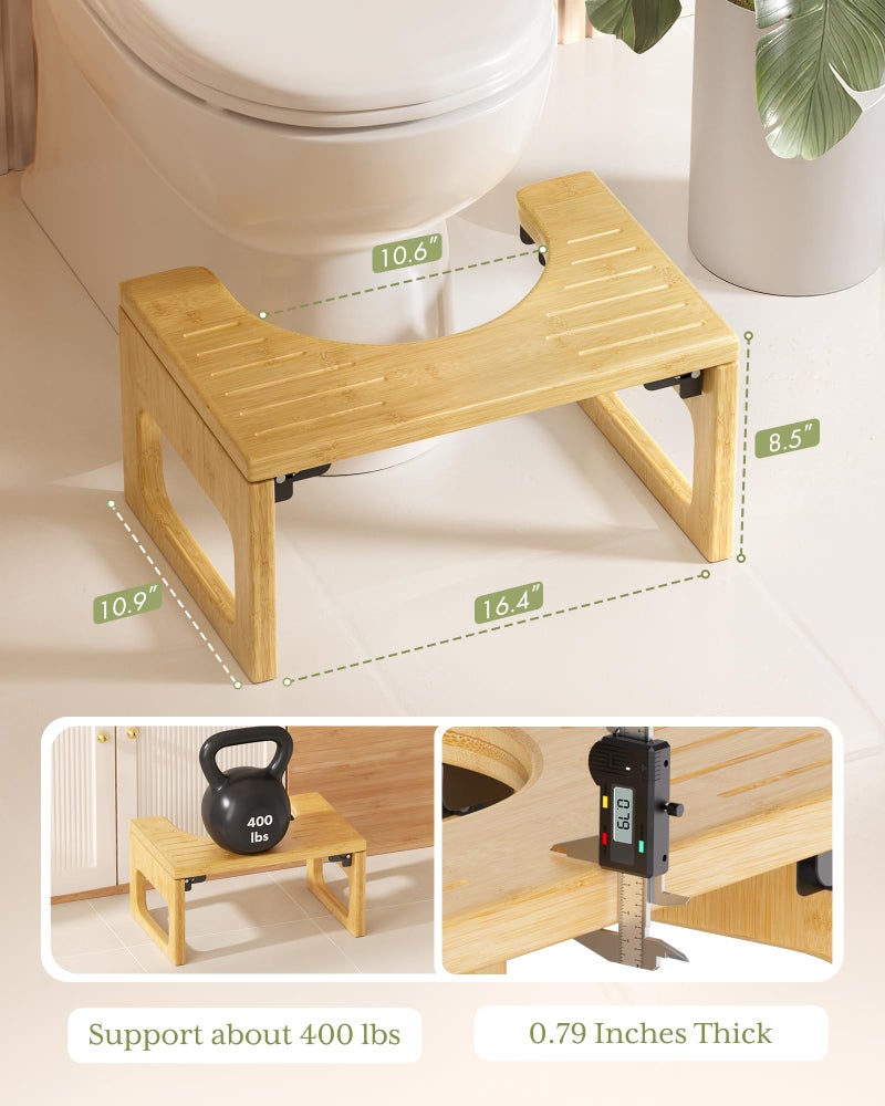 AmazerBath 8.5 Inches Bamboo Toilet Stool Squat for Adults, Collapsible Poop Stool for Bathroom, 0.79" Thickness Squatting Potty with Non-Slip Strip, Space-Saving, Natural Color - Image 2